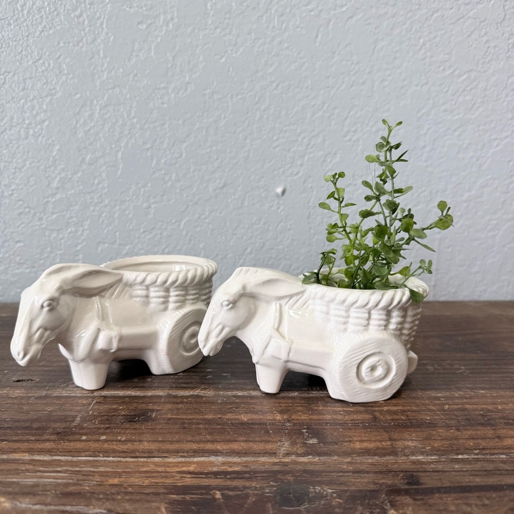 Vintage White Ceramic Donkey Cart Planters/ or Trinket holders.